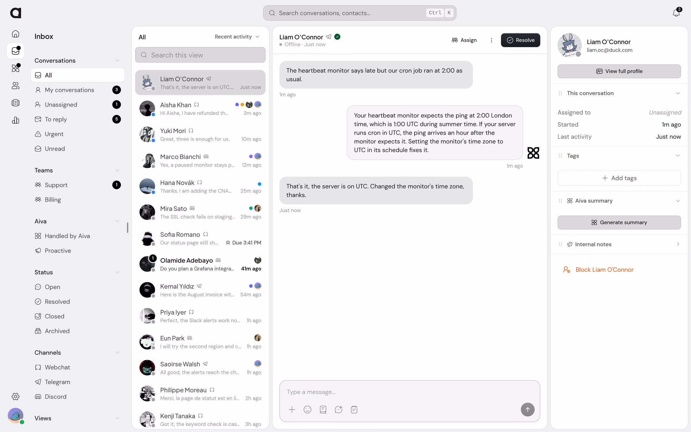 La boîte de réception de Keelwatch dans Assistify : des conversations Webchat, Telegram et Discord dans une seule liste, chacune marquée de son canal, et la conversation Telegram de Liam O’Connor ouverte, à laquelle Aiva a répondu.
