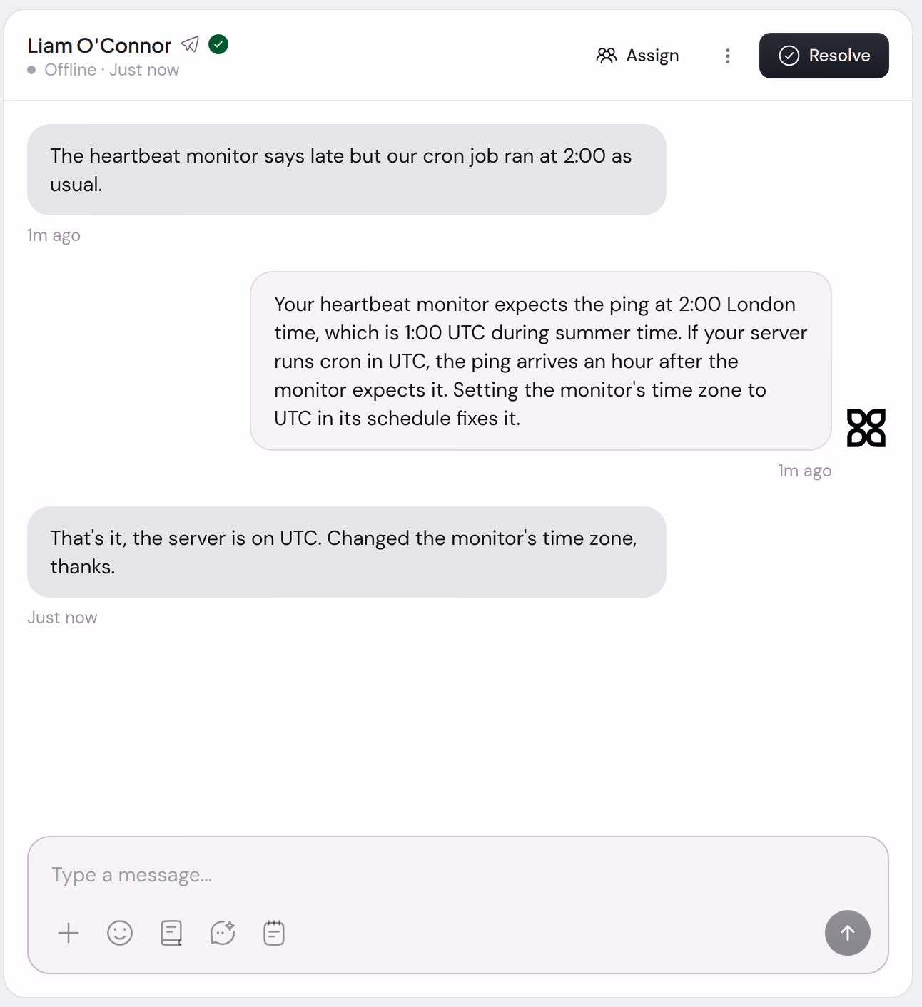 La même conversation Telegram dans la boîte de réception de Keelwatch, avec la réponse d’Aiva et celle de Liam.