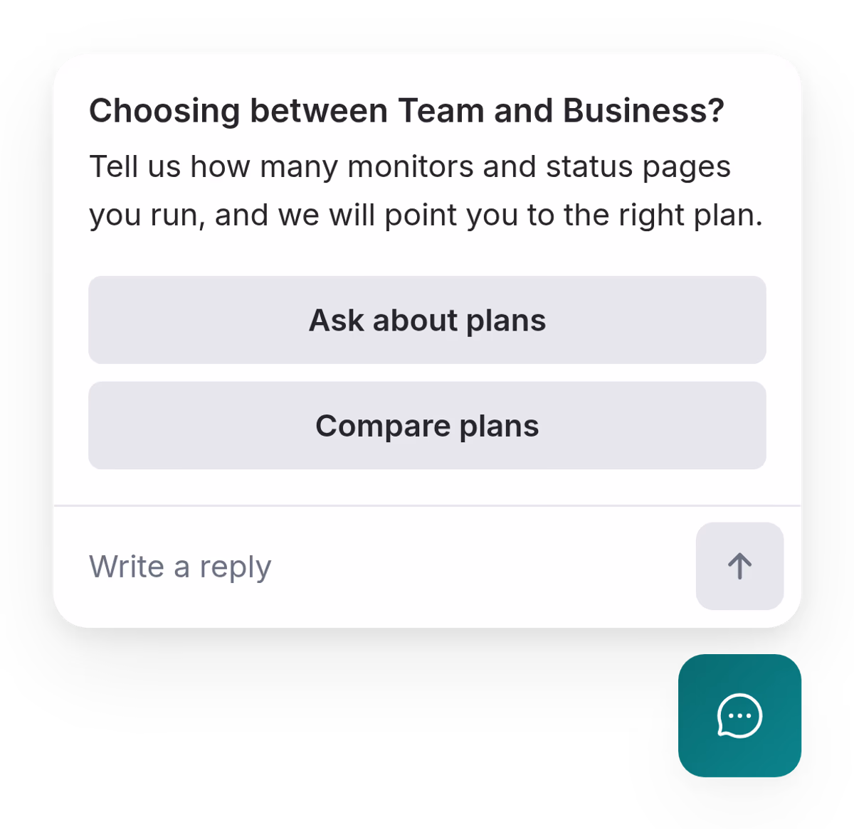 Una tarjeta de campaña sobre el botón de Webchat: pregunta al visitante si está eligiendo entre Team y Business, con un botón Ask about plans, un botón Compare plans y un campo para responder.