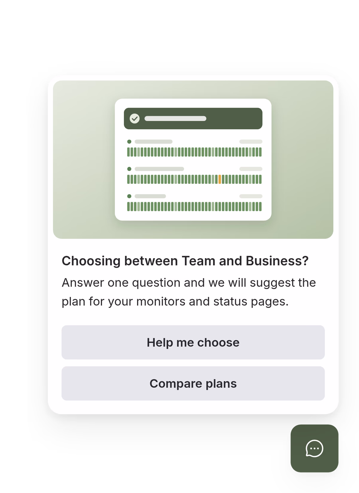 Trevo’s campaign card above Webchat’s launcher on its pricing page: a status page picture, the question Choosing between Team and Business?, and the buttons Help me choose and Compare plans.
