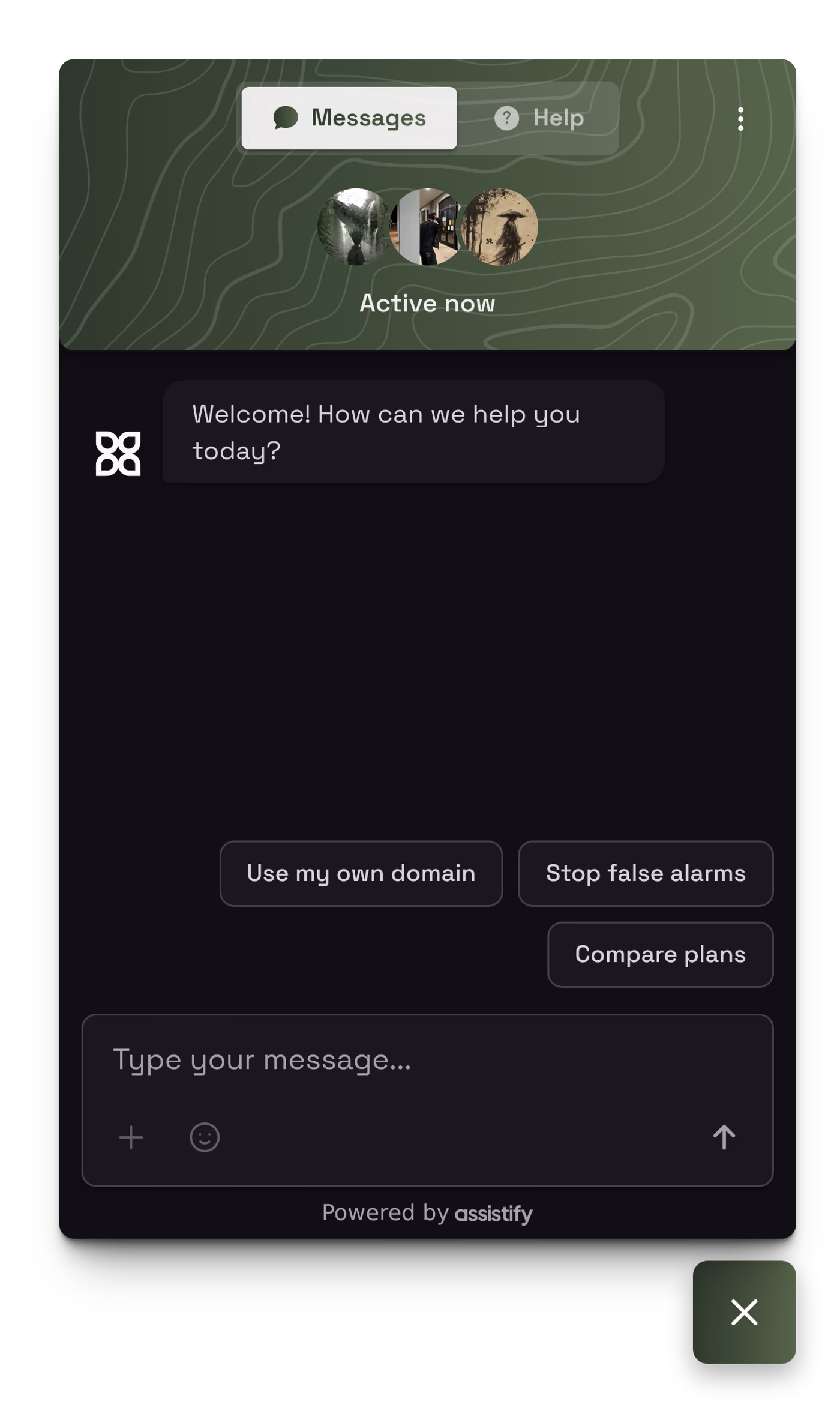 Webchat in the dark theme with square corners, a contour pattern over a dark green gradient header and Trevo’s team shown as active, then Aiva’s welcome and three suggested questions.