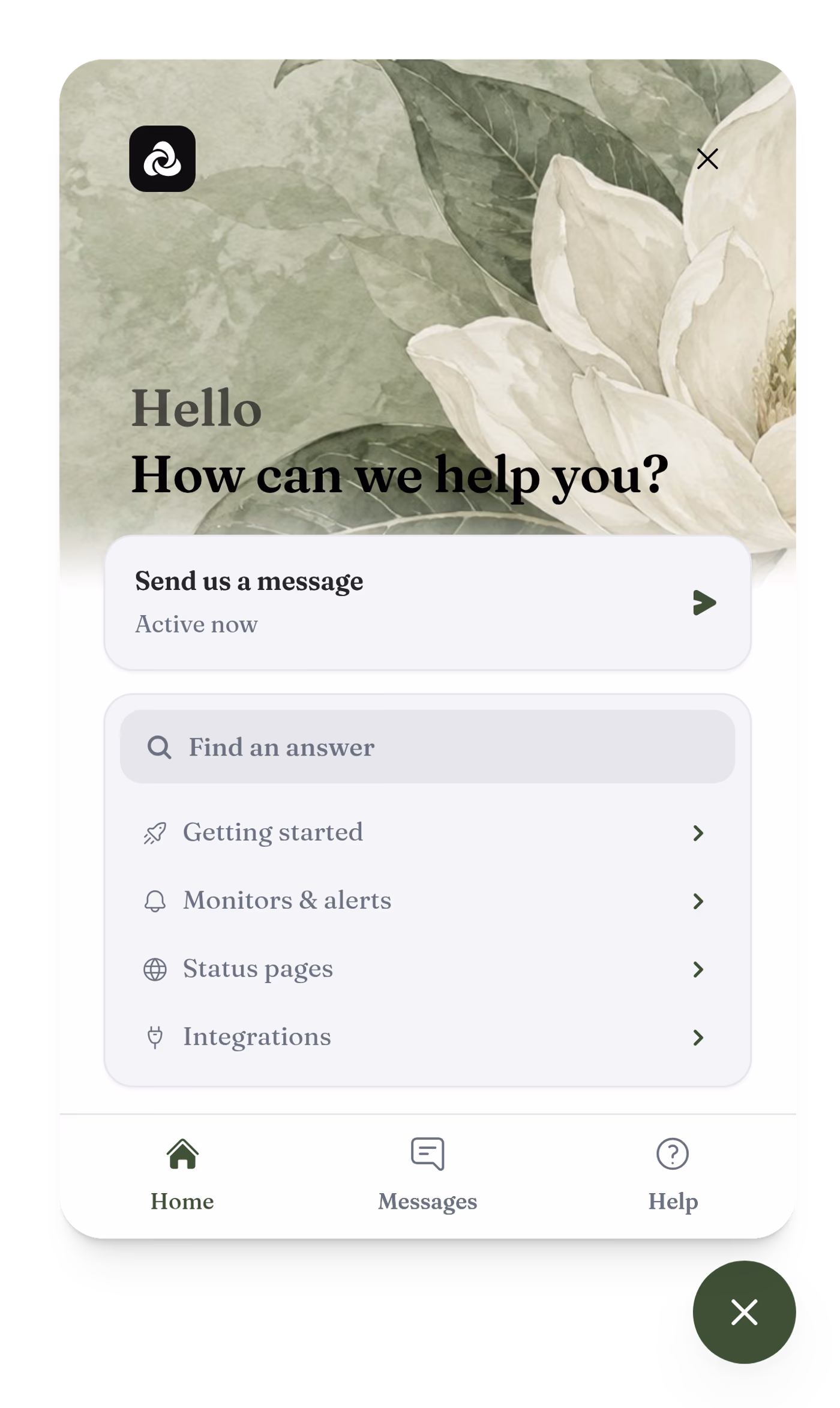 Webchat on its home screen under a watercolor magnolia header picture, in a serif typeface with round corners: a button to send a message, a search field and Trevo’s help collections, above a round launcher.