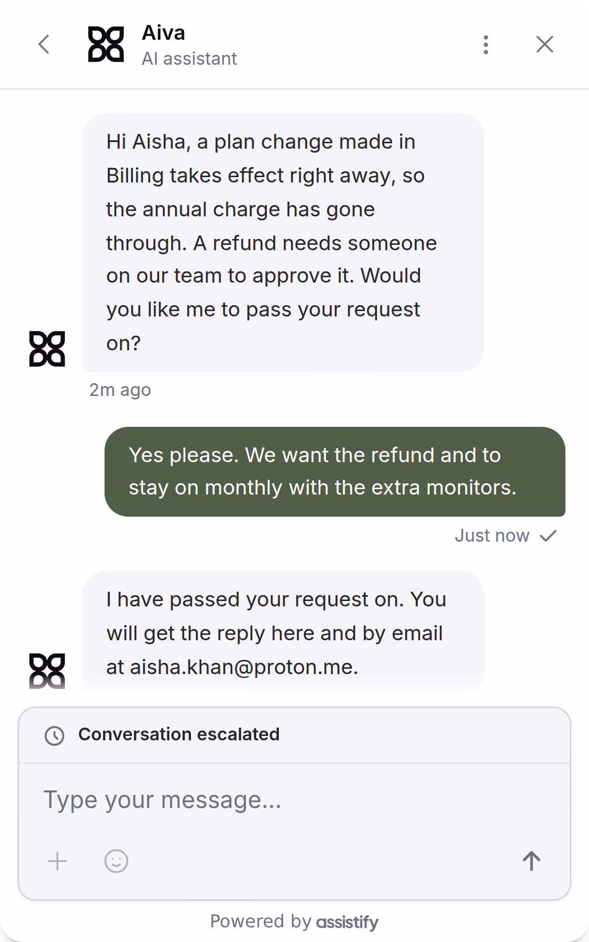 Aisha’s conversation in Webchat: she was charged for a year by mistake, Aiva explains that a refund needs the team’s approval and passes her request on, and Webchat marks the conversation as escalated.