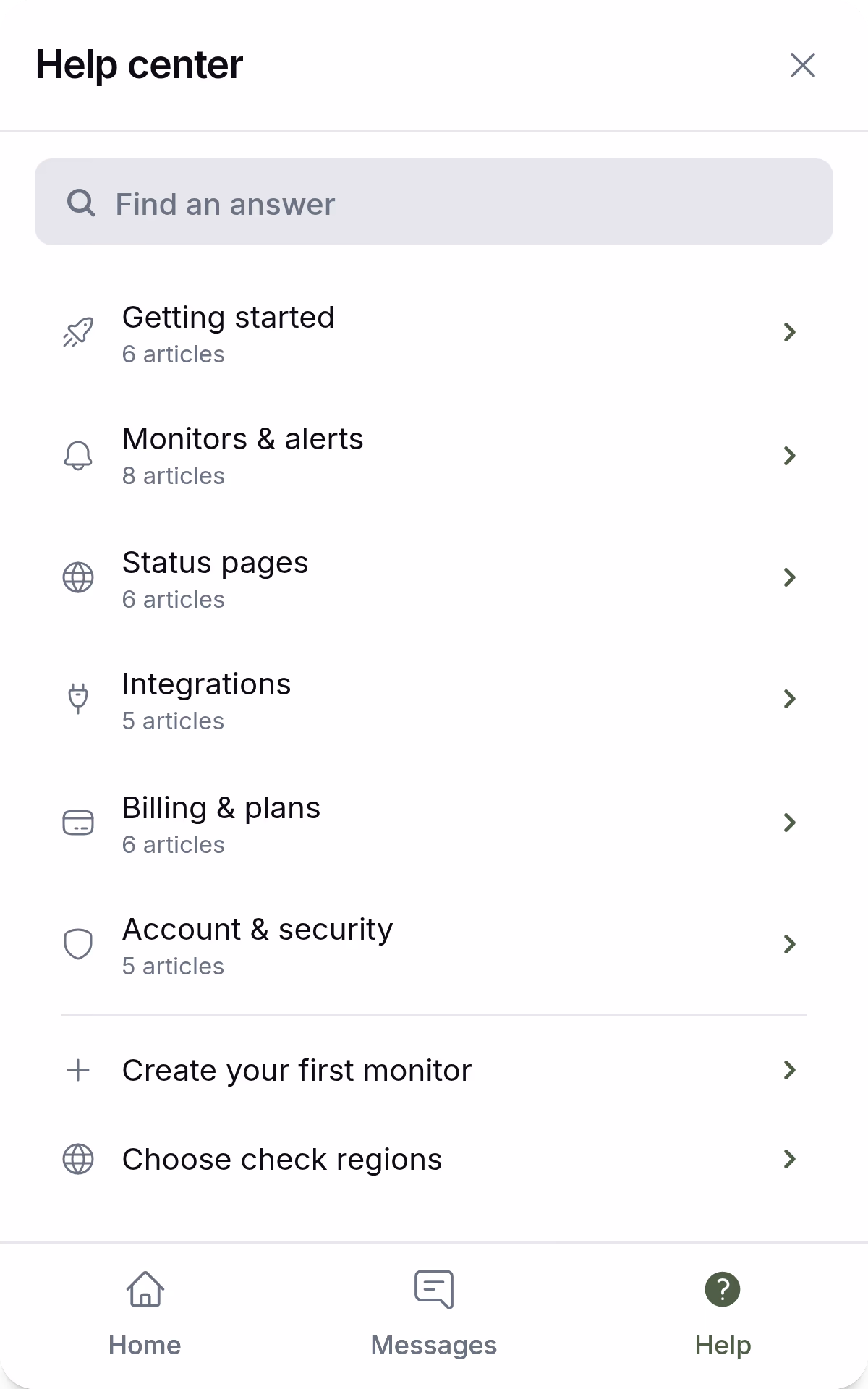 Webchat open on its Help tab: a search field, Trevo’s six help collections with their article counts, and two articles.