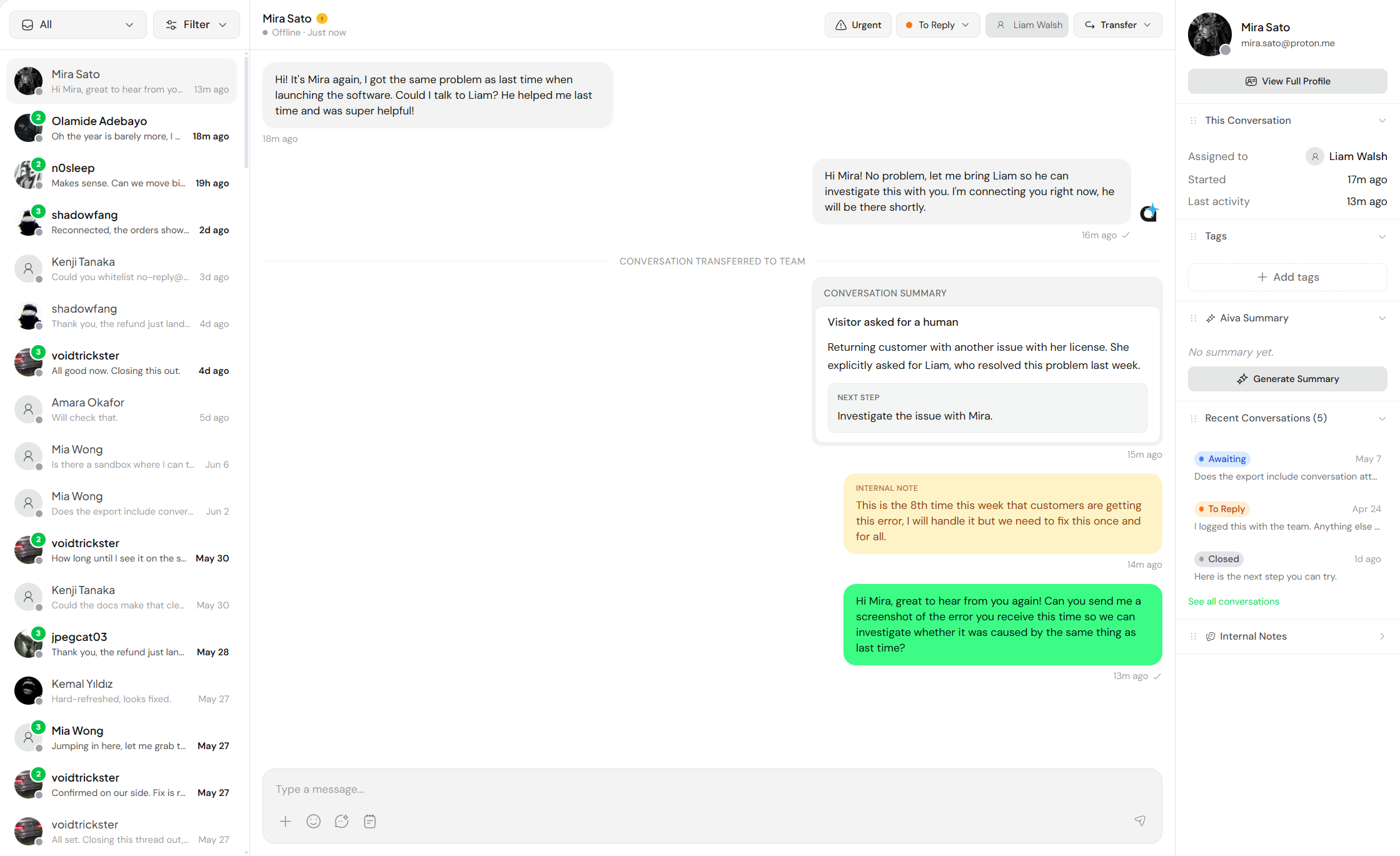Panel de Assistify - Vista de bandeja de entrada