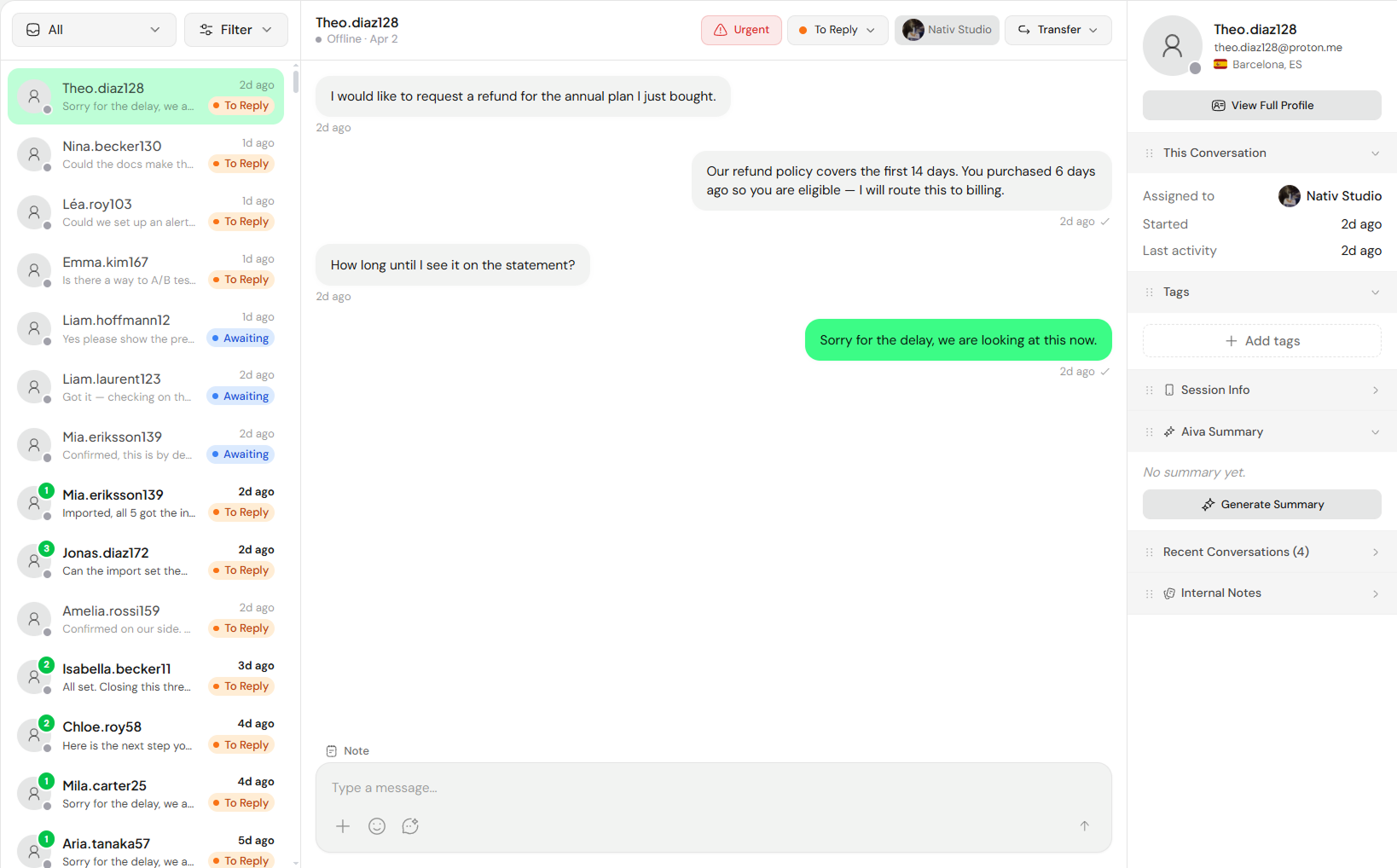 Assistify Dashboard - Inbox view