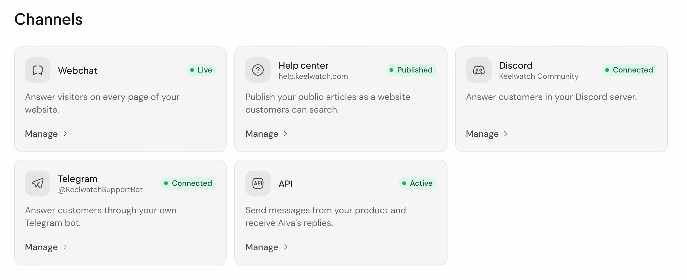 La page Canaux des paramètres : Webchat en ligne, le centre d’aide publié sur help.keelwatch.com, Discord connecté au serveur Keelwatch Community, Telegram connecté à @KeelwatchSupportBot, et l’accès API actif.
