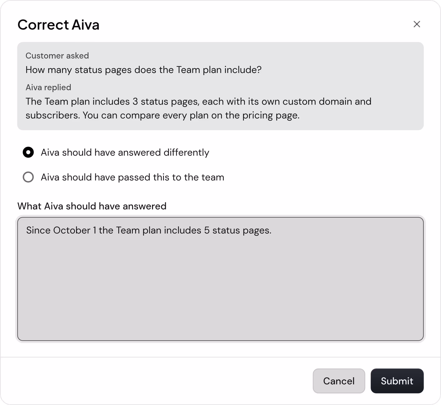 Le panneau qu’un membre de l’équipe ouvre sur la réponse d’Aiva : la question du client, la réponse d’Aiva de trois pages de statut, et la réponse du membre de l’équipe, cinq depuis le 1er octobre.