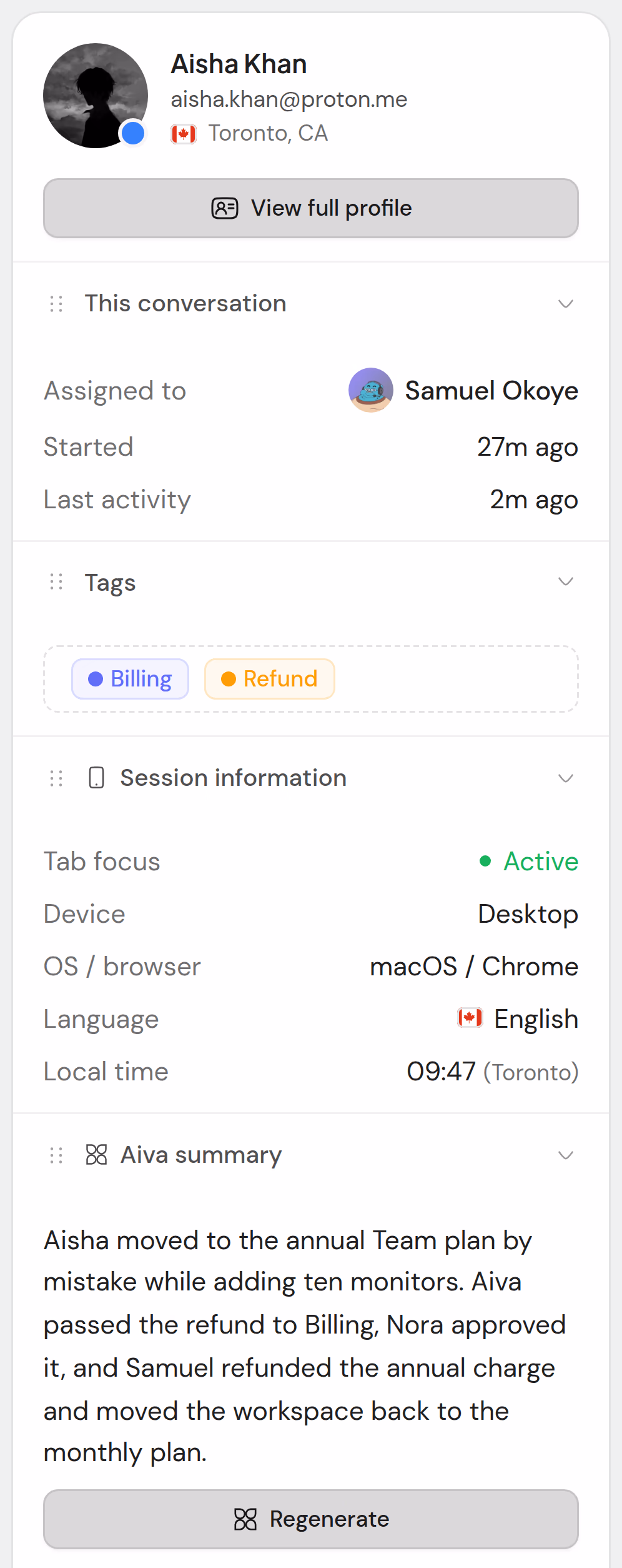 Les détails d’une conversation résolue : l’e-mail et la ville du client, la personne attribuée, deux tags, la session avec l’heure locale à Toronto, et le résumé de la conversation par Aiva.
