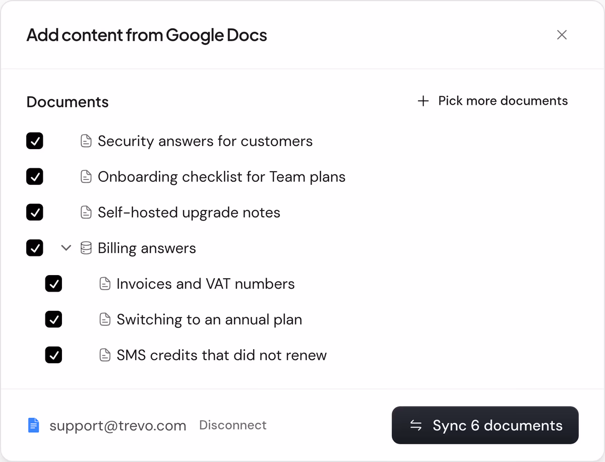 Trevos Google Docs in Assistify: die Sicherheitsantworten, die Onboarding-Checkliste, die Hinweise zum Self-Hosted-Upgrade und ein Ordner mit Abrechnungsantworten, alle für Aiva ausgewählt.