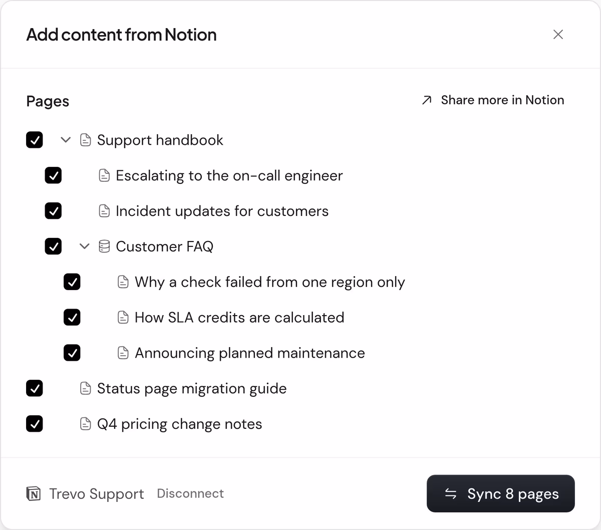 Lo spazio Notion di Trevo in Assistify: il manuale del supporto, le sue FAQ clienti e altre due pagine, tutte scelte perché Aiva le legga.