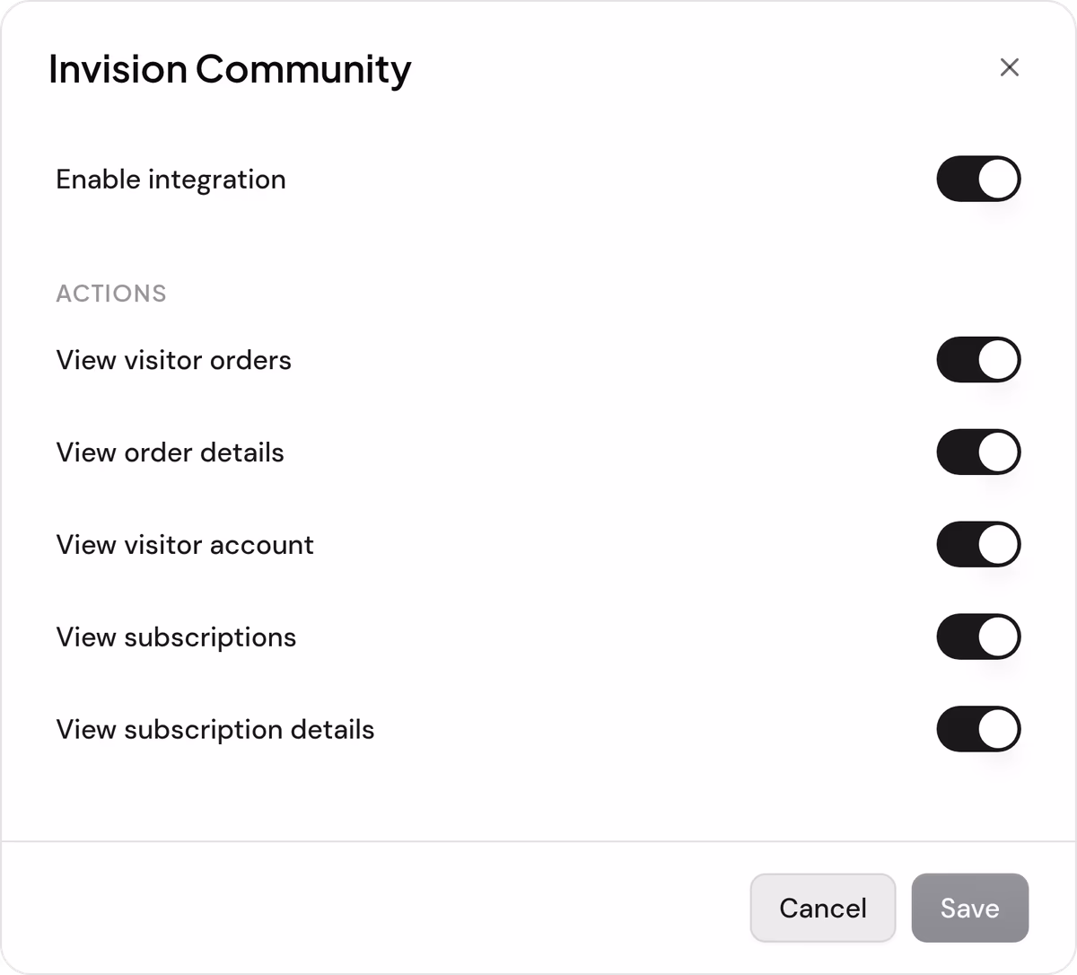 Die Einstellungen von Invision Community im Workspace von Keelwatch: fünf Abfragen, von den Bestellungen des Besuchers bis zu den Abonnementdetails, jede mit eigenem Schalter.