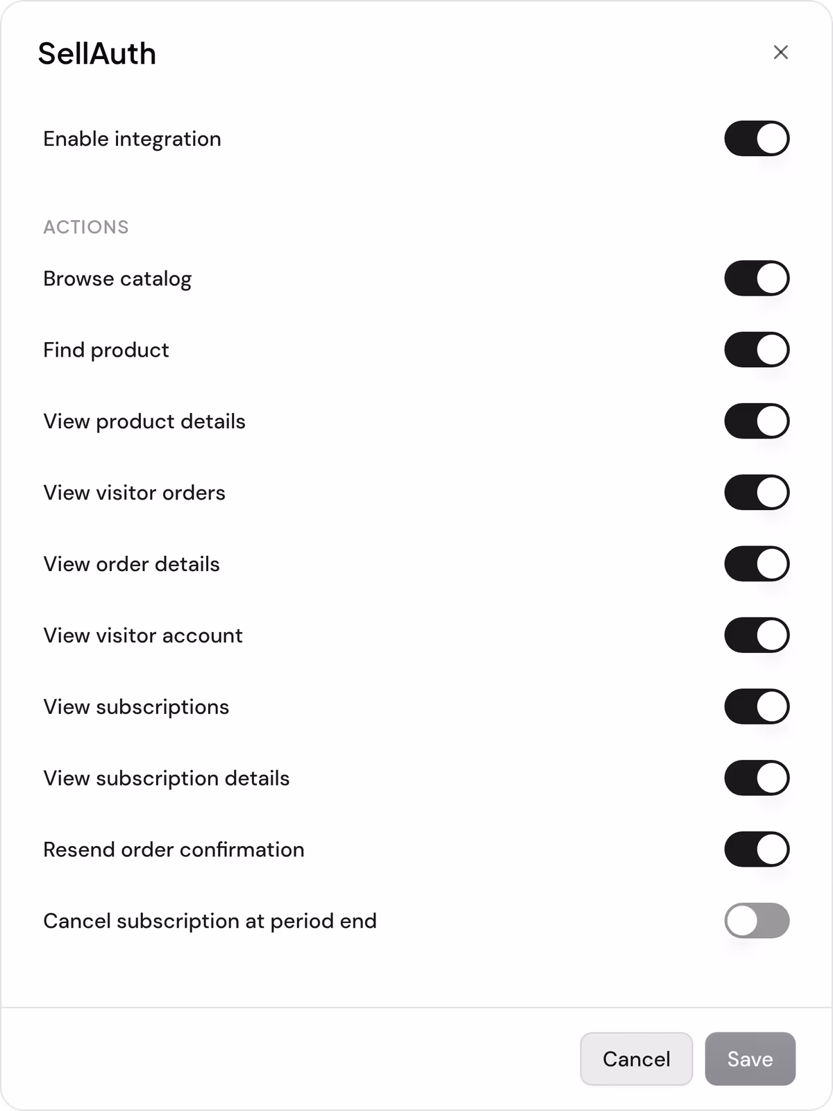 SellAuth’s settings in Trevo’s workspace: each lookup and action with its own switch, resending an order confirmation switched on and cancelling a subscription switched off.