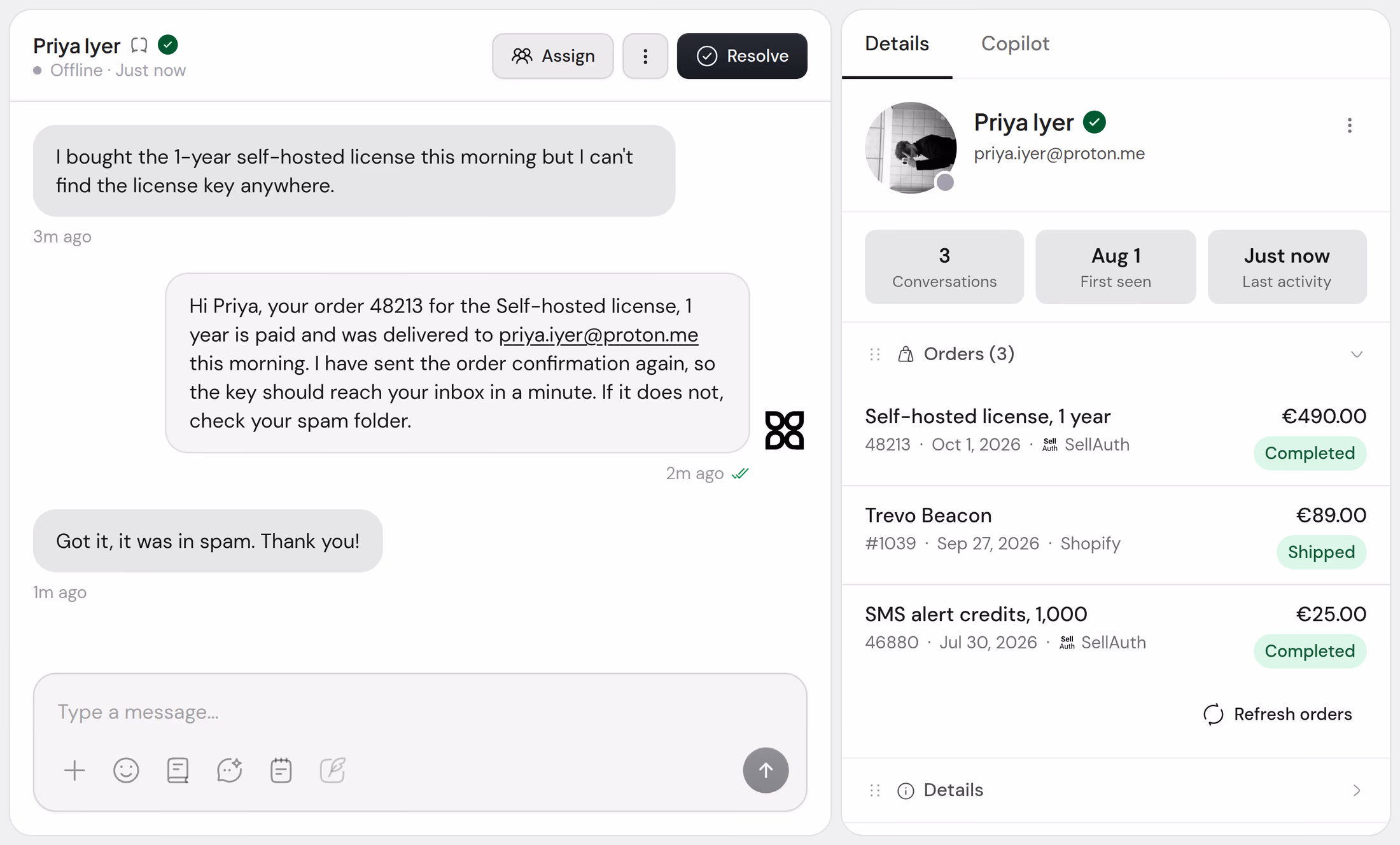 Trevo’s inbox: Priya cannot find her license key, and Aiva confirms that her order is paid and delivered, then sends the order confirmation again. Beside the conversation, Priya’s orders from two stores: her license from SellAuth and a Beacon from Shopify.