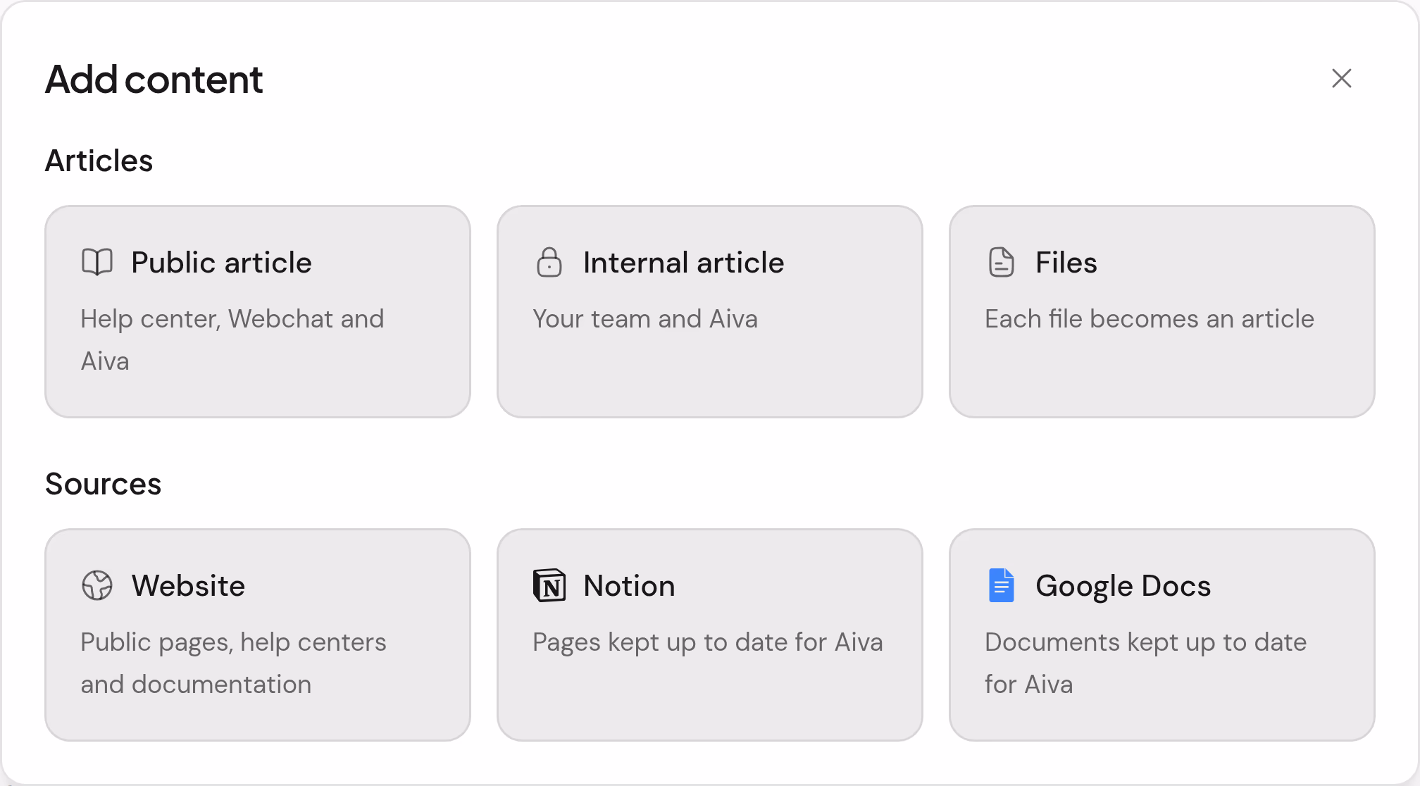 La fenêtre Add content : un article public ou interne à rédiger, et quatre sources d’import : Website, Files, Notion et Google Docs.