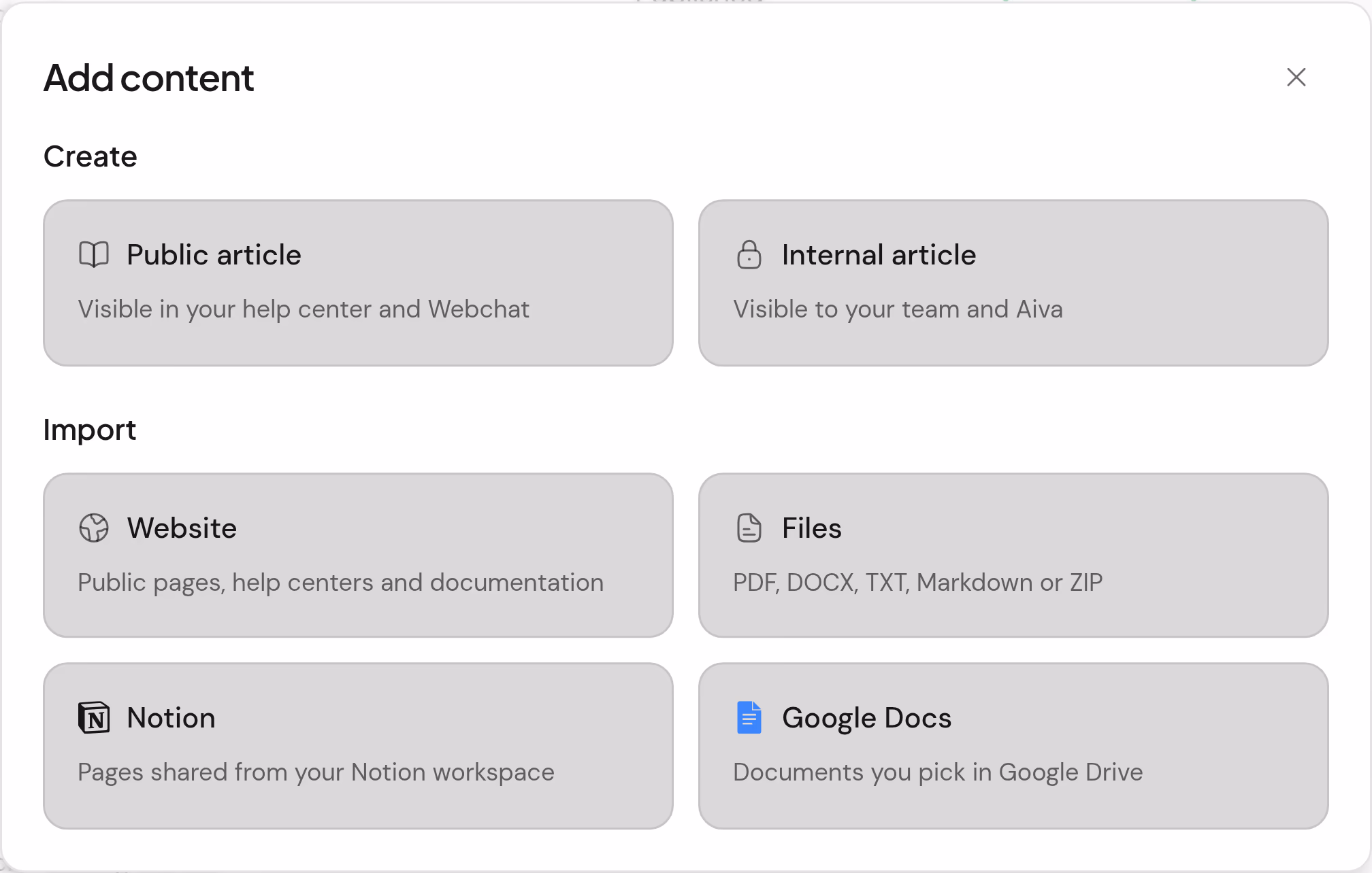 The Add content window: a public or internal article to write, and four sources to import from: Website, Files, Notion and Google Docs.