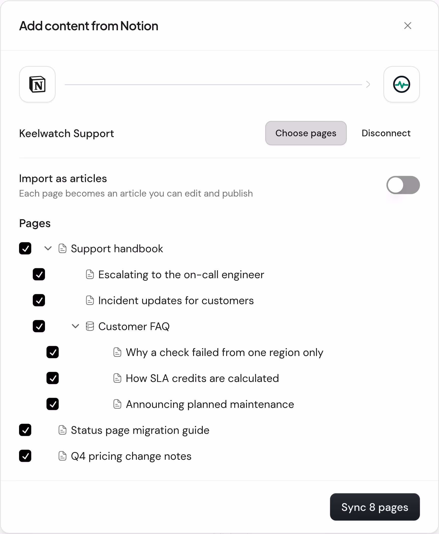 Keelwatch’s Notion workspace, signed in: eight pages of the support handbook and its customer FAQ, all chosen, ready to sync for Aiva or import as articles.