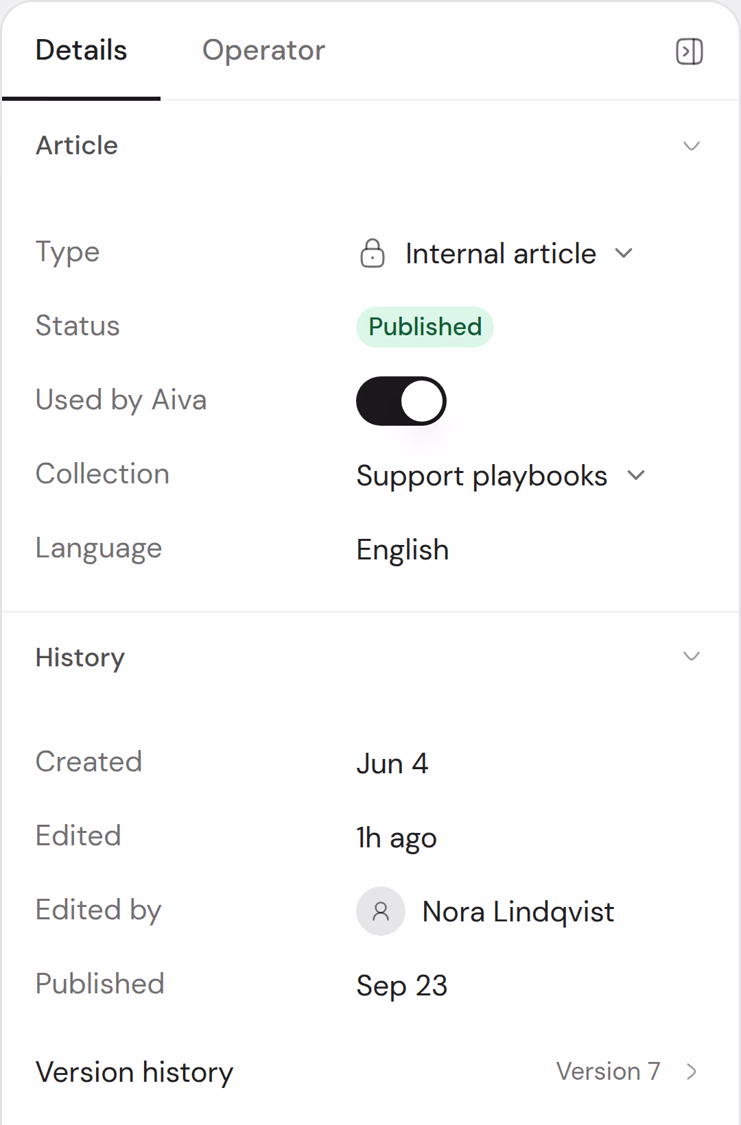 The details of an internal article about refunds: published and used by Aiva, in the Support playbooks collection, with when it was created, edited and published, and its version history.