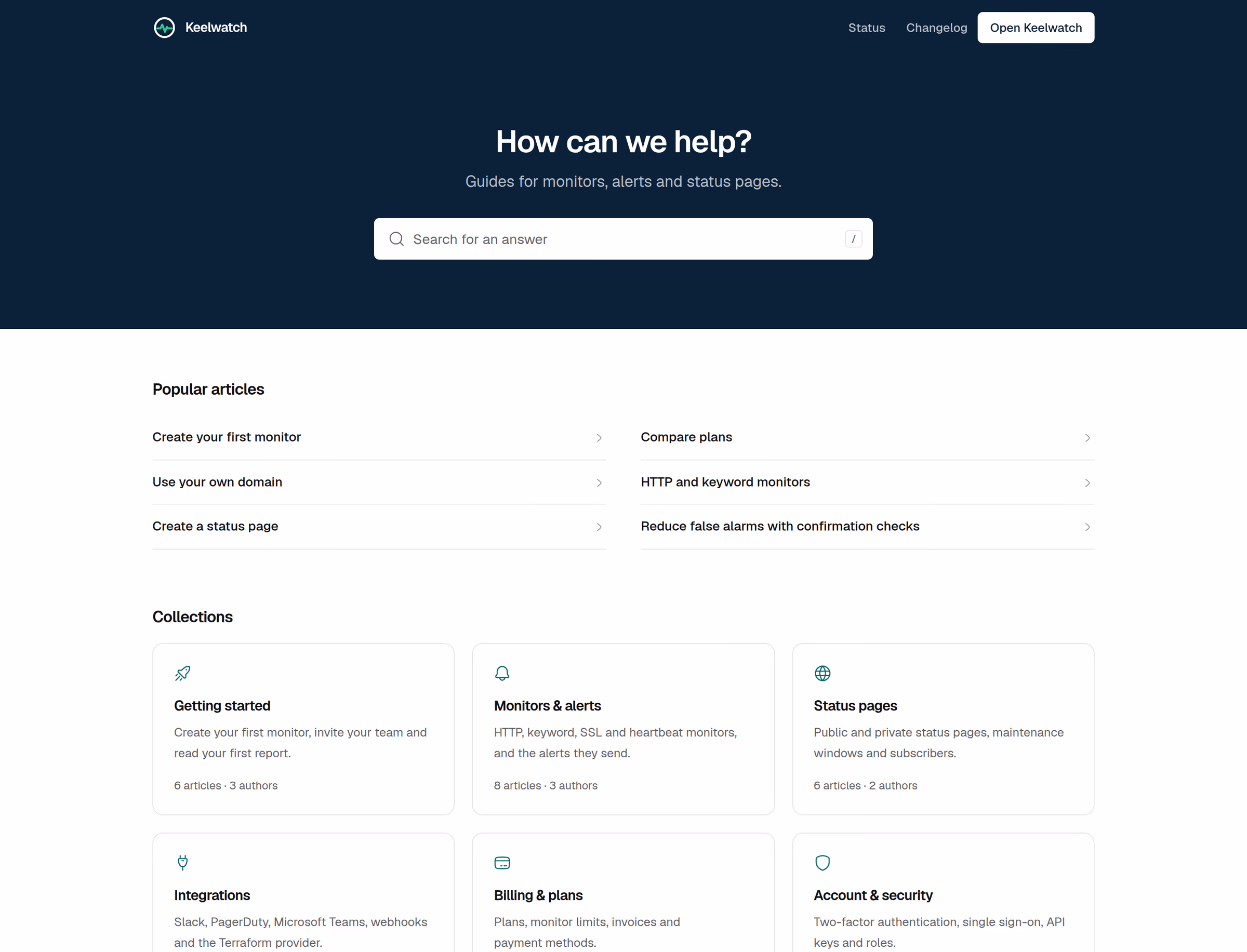 The help center of a monitoring company: a search field on a navy banner, popular articles, and collections with their icons.