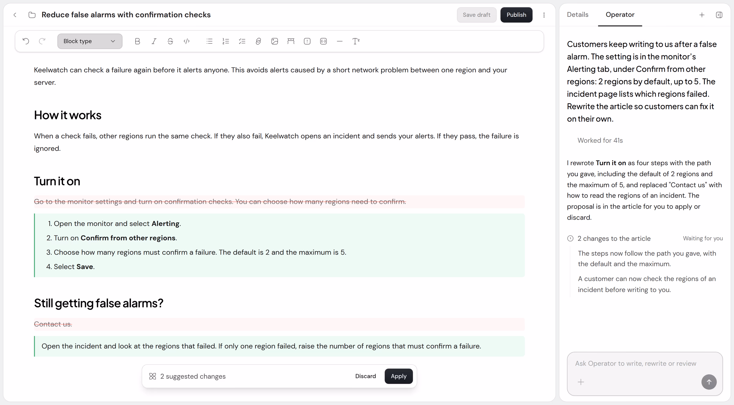 An article open in the editor, where Operator’s proposal replaces a vague paragraph with four steps. Beside it, Operator’s reply lists the two changes, and a bar under the article offers Apply and Discard.