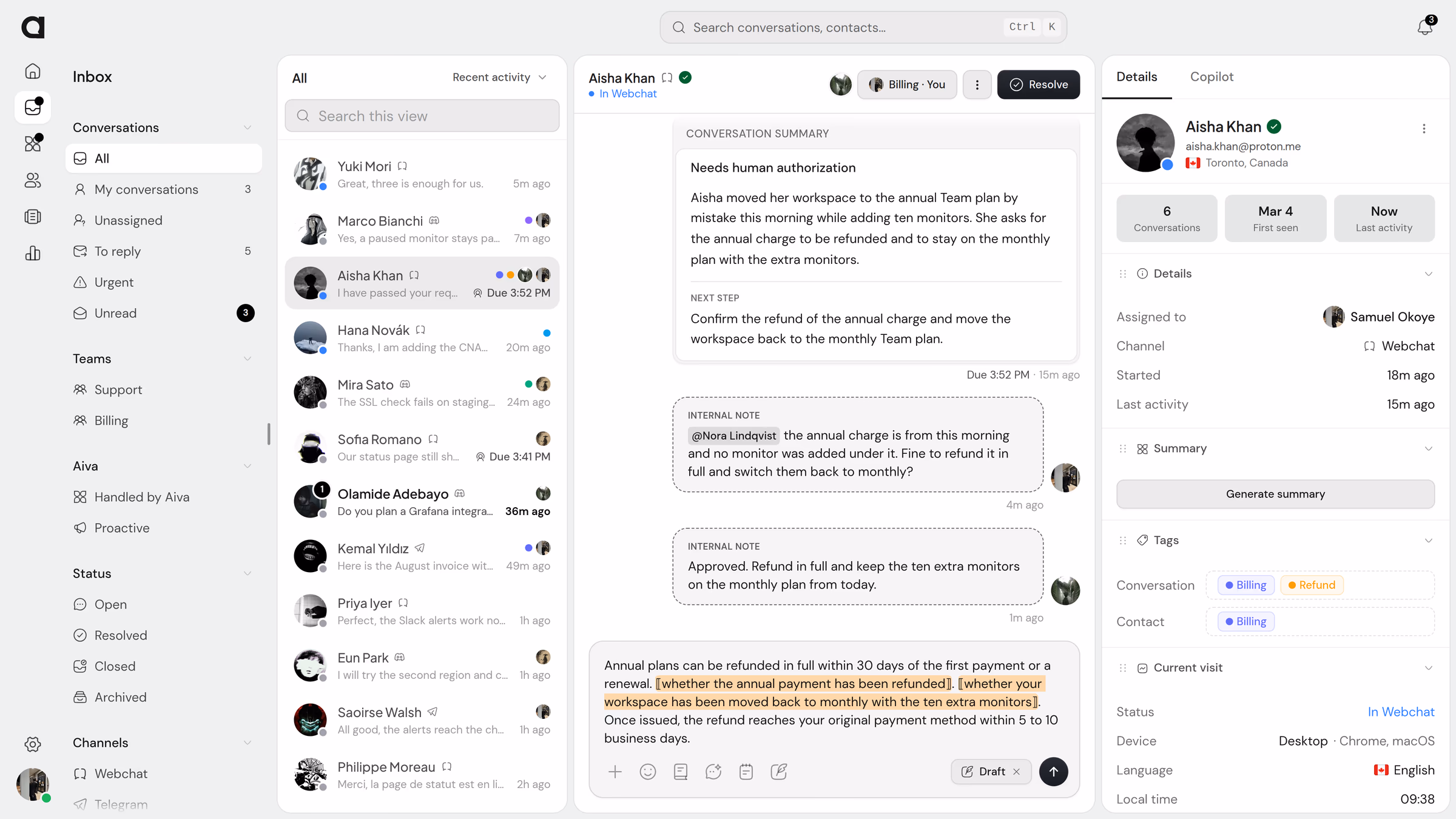 La boîte de réception partagée de Trevo : les vues avec leurs compteurs, des conversations Webchat, Discord et Telegram, et une demande de remboursement où un membre de l’équipe répond à la note interne d’un collègue, avec la réponse préparée par Assistify dans le champ de message.