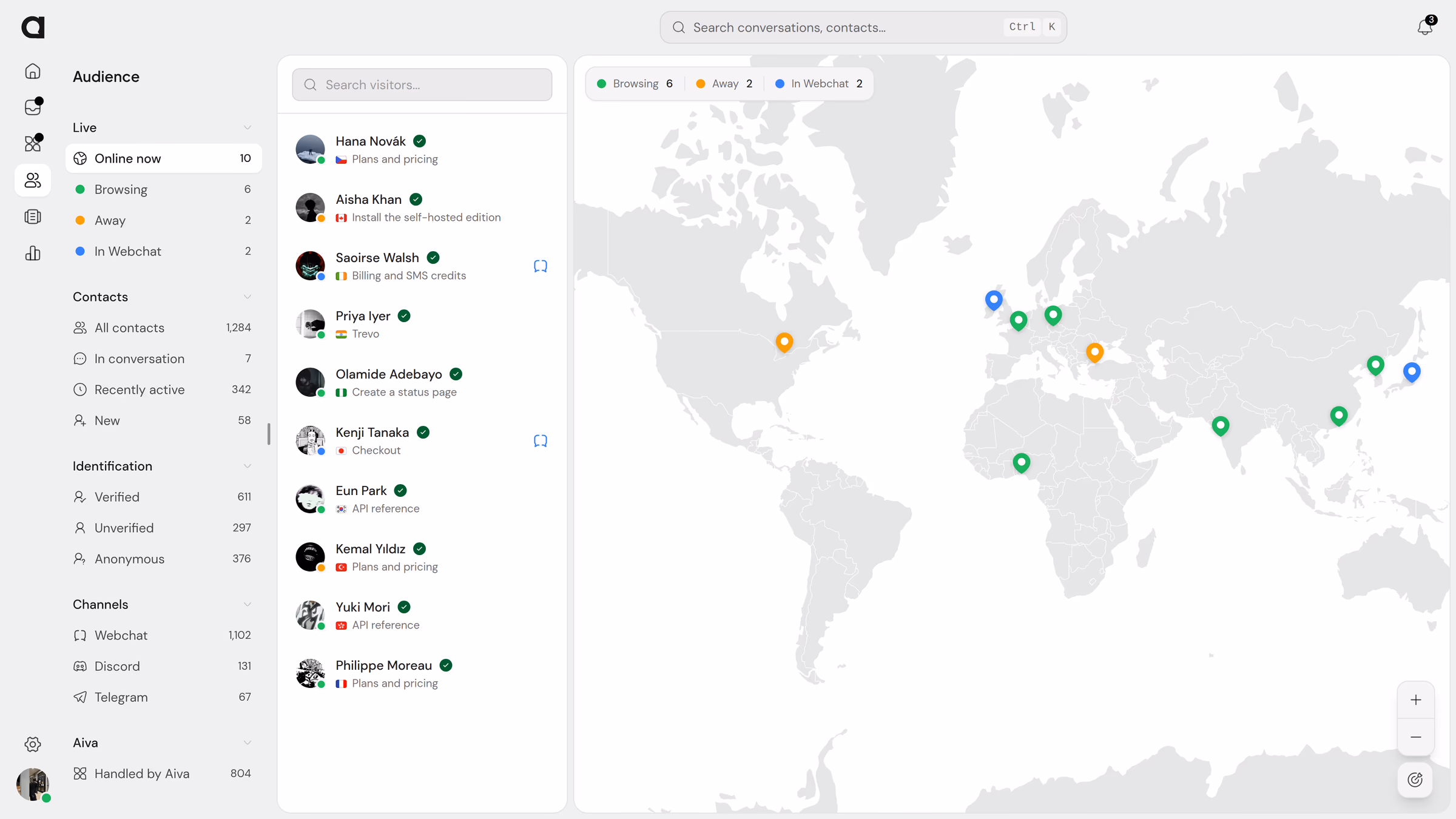 Le tableau de bord Assistify, avec les visiteurs en direct sur la carte du monde